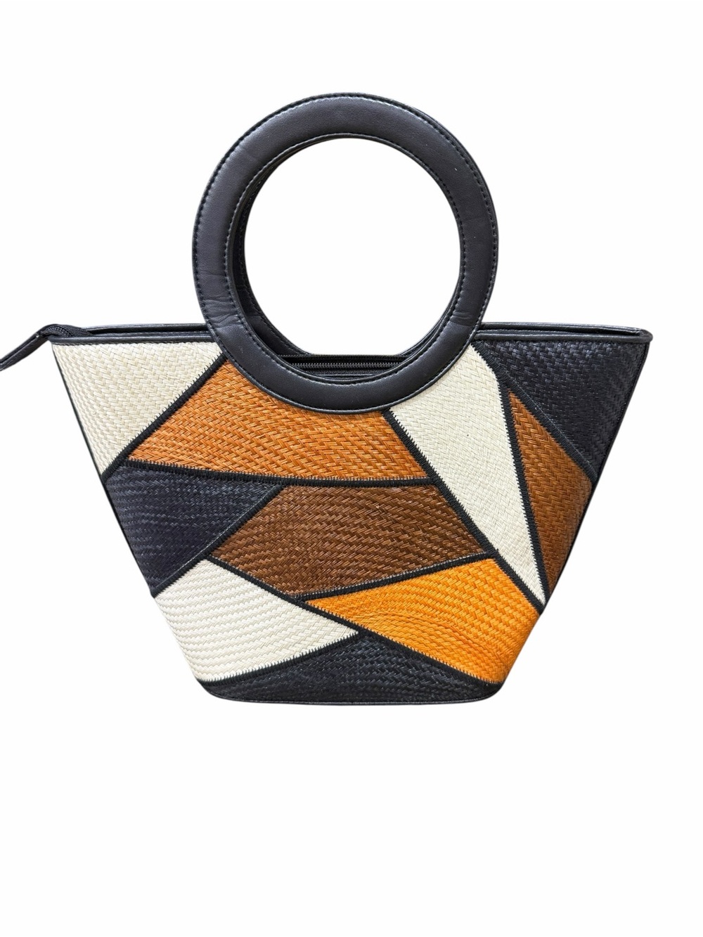 Vintage Le Sac Patchwork Woven Straw, Geometric Color Paneled Bag